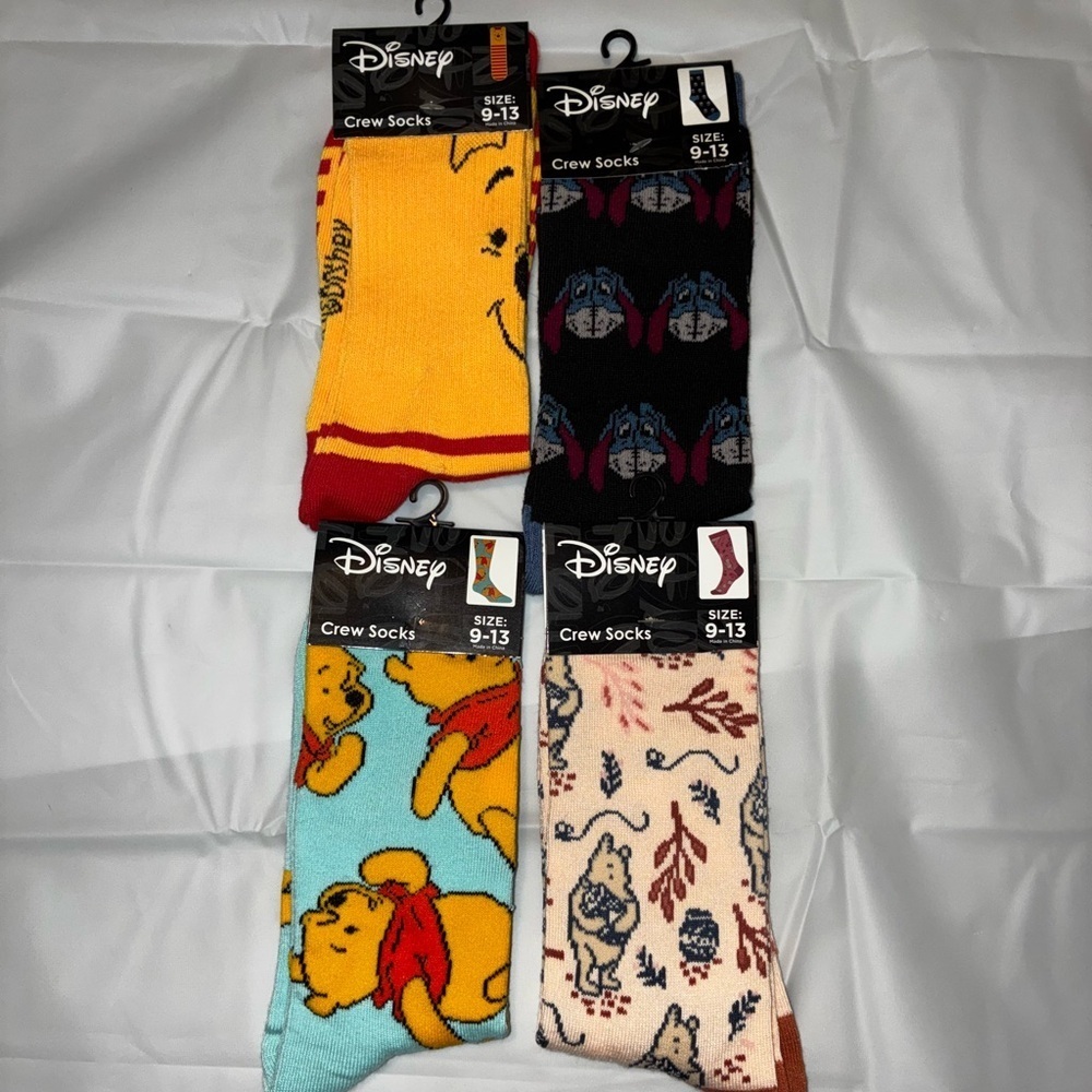 💰Disney Winnie The Pooh and Eeyore Crew Socks 9-13 Lot 4 NWT Novelty